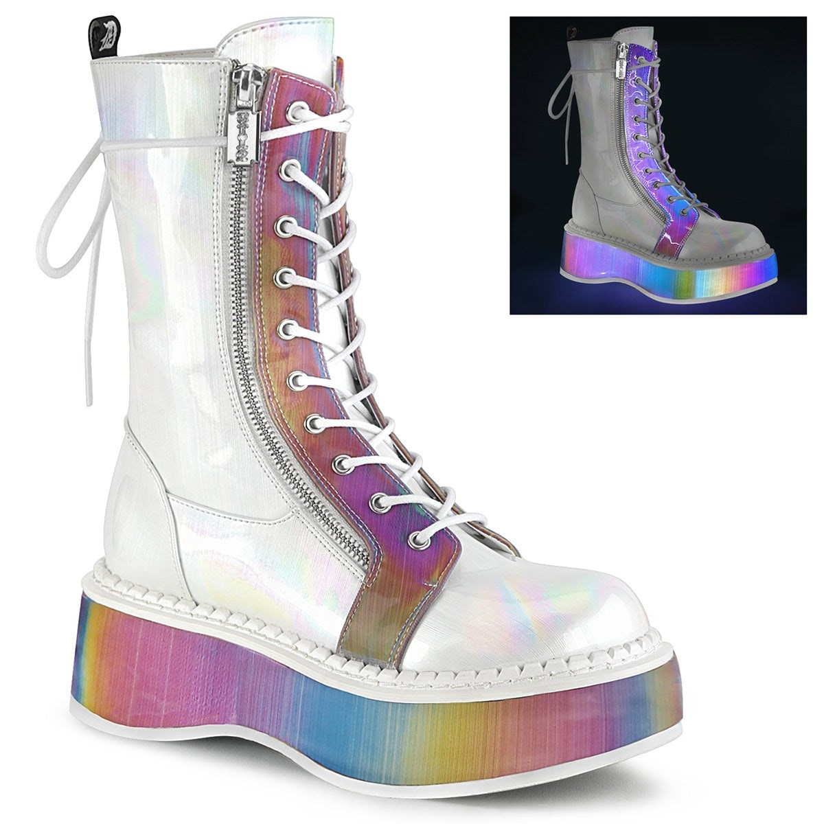 Demonia Emily-350 Brushed Hologram Vegan Bőr-Rainbow Reflective Női Térdig Érő Csizma Fehér | PKBX-Ⅴ